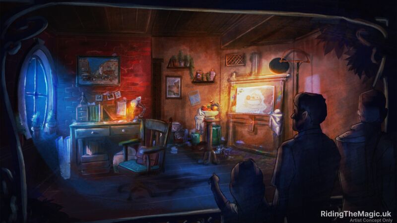 A painting of a man and a child in a room with a desk