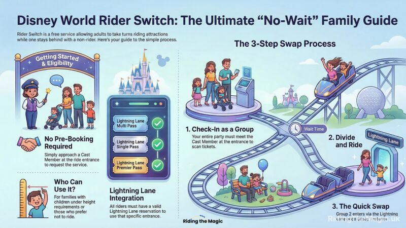 Illustrated infographic explaining Disney World's Rider Switch service and a three-step swap process for families using Lightning Lane.