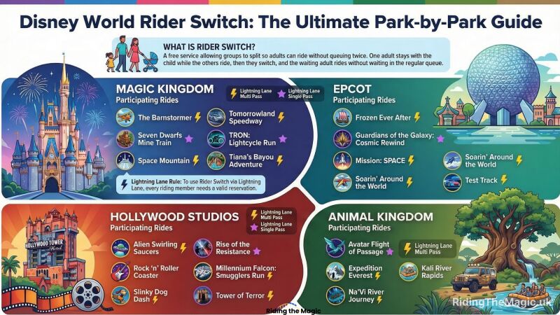 Infographic titled "Disney World Rider Switch: The Ultimate Park-by-Park Guide" showing park-by-park lists of participating rides for Magic Kingdom, EPCOT, Hollywood Studios, and Animal Kingdom.