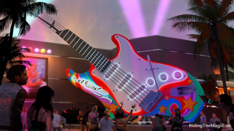 A colorful guitar is on display at the entrance to the Rock n Roller Coaster