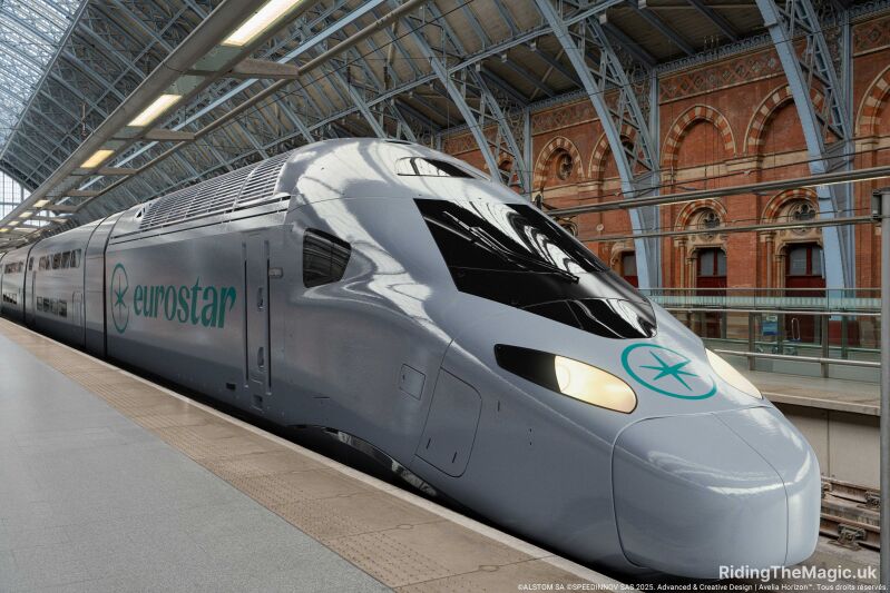 Eurostar train at a station with a modern design and a logo on the front