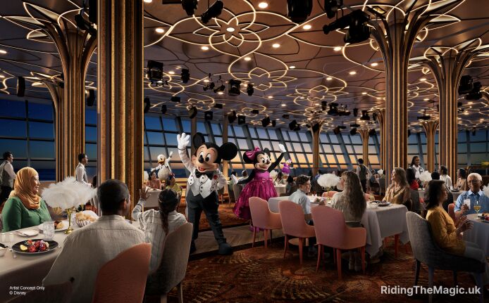 Artists impression of dining room with people sat at tables with gold flower lights above and Mickey and Minnie Mouse walking around tables