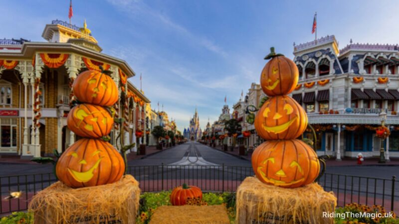 Halloween decorations at Disney World, including pumpkins and Cinderella Castle in the background