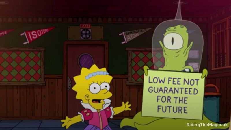 Lisa Simpson and Alien holds a sign that reads "Low Fee Not Guaranteed for the Future."