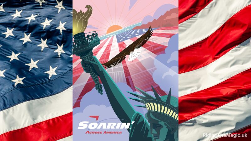 Poster of the Statue of Liberty with an American flag in the background