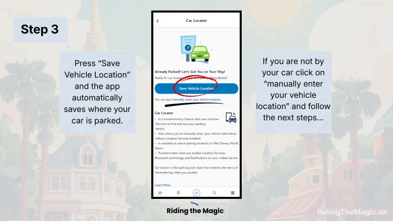Step 3 graphic showing a phone screen with a highlighted “Save Vehicle Location” button and instructions to save or manually enter your car’s parking location.