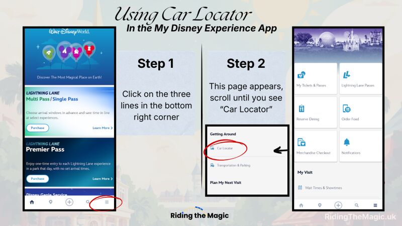 Three-panel graphic showing smartphone screens and steps for finding the "Car Locator" option in the My Disney Experience app.