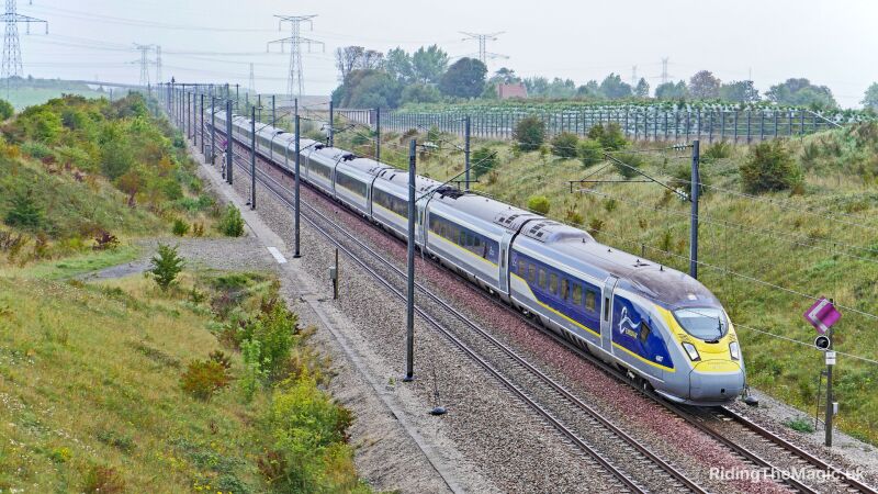 A train is moving on the railway track in the countryside with green grass
