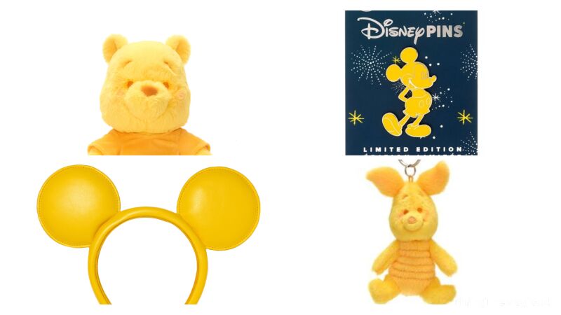 Winnie the Pooh and Piglet merchandise, including a plush, pins, and headband