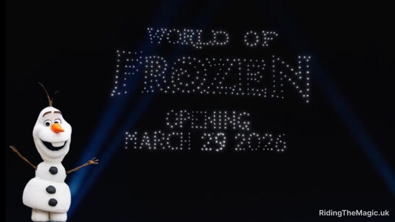 Olaf is standing in front of a screen that says "World of Frozen opening March 29 2026"