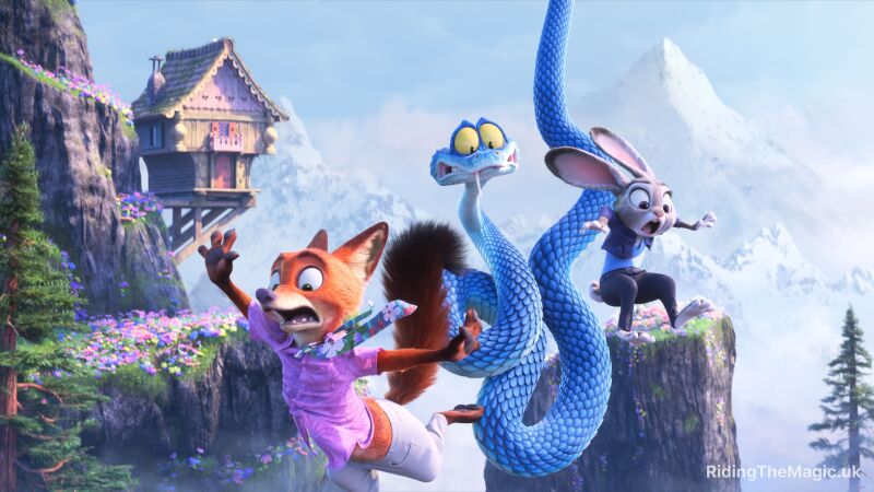 cartoon blue snake, fox with pink shirt white trousers grey rabbit bug ears white top black trousers falling through sky mountainous backdrop wood hut on left side