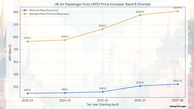 Line chart of UK Air Passenger Duty (Band B, Florida) showing reduced (economy) rates rising from £87 in 2023–24 to £105.33 in 2027–28 and standard (premium/business) rates rising from £191 to £251.95.