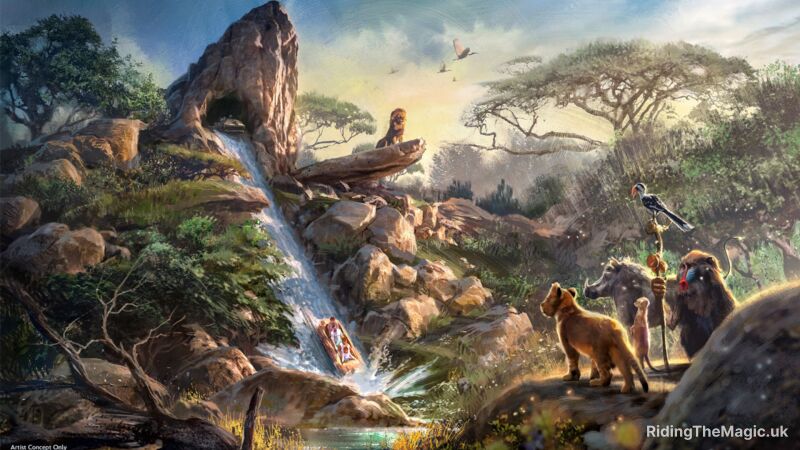 Boats drop down a log flume drop which is in a landscaped themed as pride rock from the Lion King
