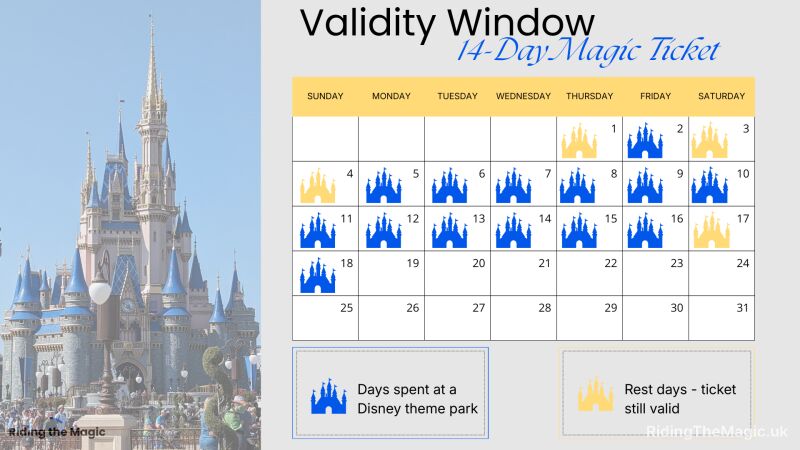 14-day magic ticket validity window with the Disney castle in the background