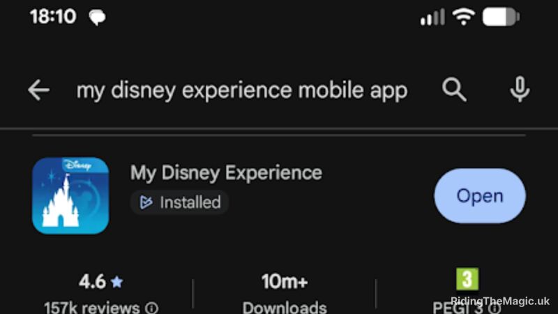 My Disney Experience app on Google Play Store with 4.6 stars and 10 million downloads