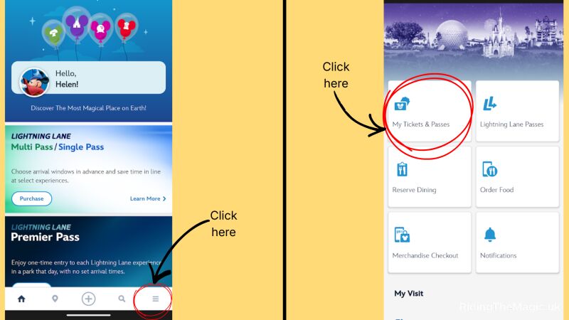 Lightning Lane Premier Pass and Lightning Lane Multi Pass screenshots from the My Disney Experience app