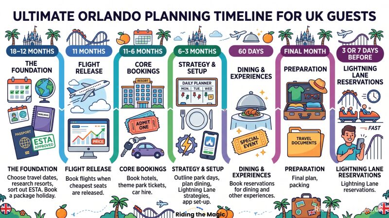 Colorful infographic titled "Ultimate Orlando Planning Timeline for UK Guests" showing step-by-step planning stages from 18–12 months to 3–7 days with icons for flights, bookings, dining, packing, and Lightning Lane reservations.