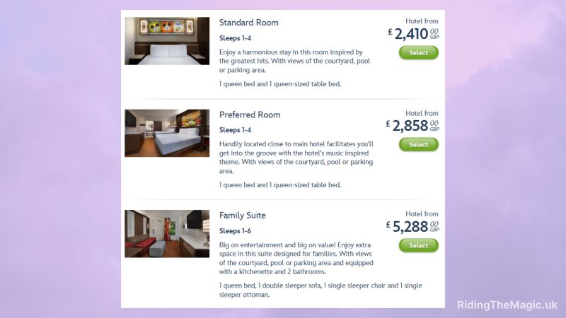 List of three hotel room options with thumbnail photos, brief descriptions, and prices.