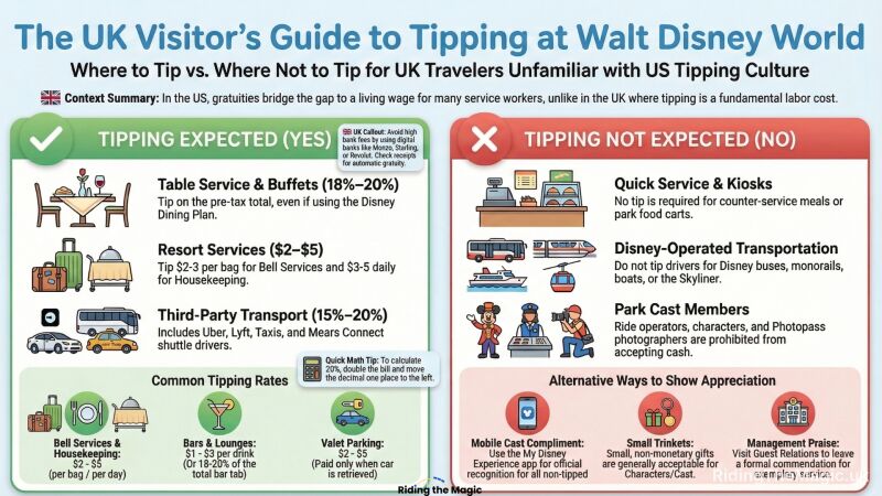 Infographic titled "The UK Visitor’s Guide to Tipping at Walt Disney World" showing which services to tip (table service, resort staff, third‑party transport) and which not to (quick‑service, Disney transport, park cast members).