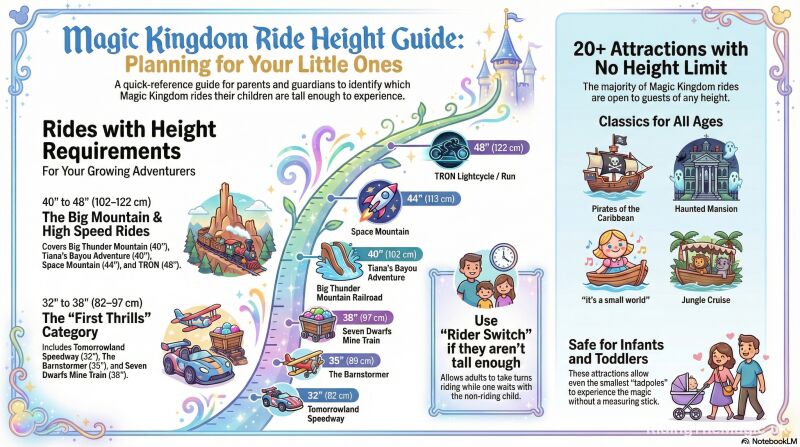 Colorful infographic titled "Magic Kingdom Ride Height Guide" showing illustrated ride height requirements, categorized attractions, and parenting tips for young children.