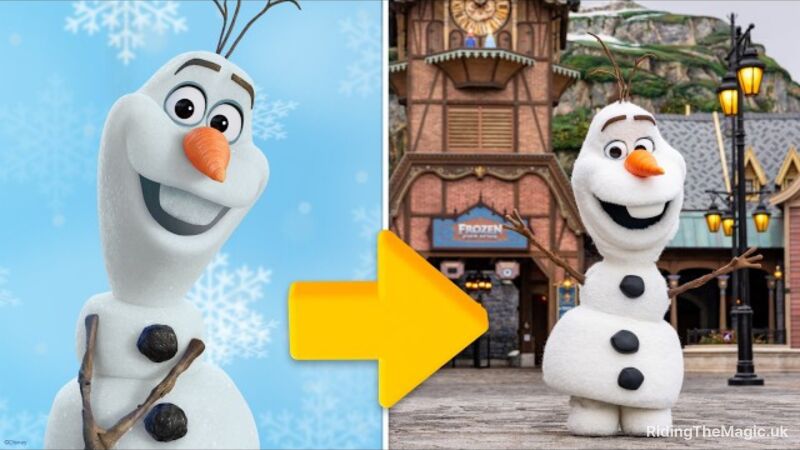 Olaf from Frozen movie and Olaf in World of Frozen theme park area at Disneyland Paris