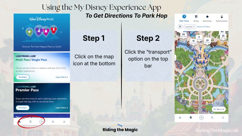 Tutorial screenshot of the My Disney Experience app instructing to tap the bottom map icon then the top "Transport" option to get park-hop directions.