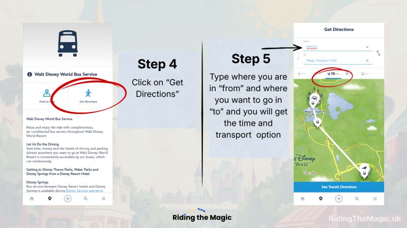Instructional graphic showing Step 4 “Get Directions” screen and Step 5 map with route and travel time for Walt Disney World bus service.