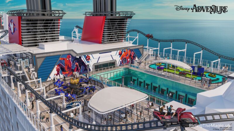 artist image of top deck of cruise ship with elevated rollercoaster track around outside, two funnels in centre and two other rides white covered area